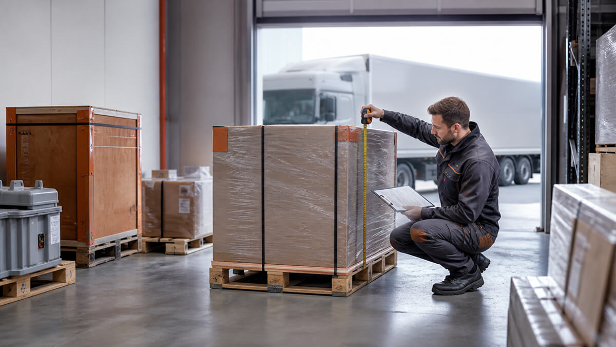 A logistics specialist measures a wrapped pallet and records cargo details before road freight planning.