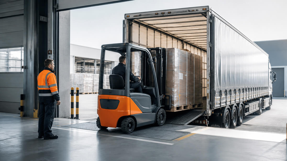 A forklift loads secured pallets into a freight trailer at a warehouse loading dock.