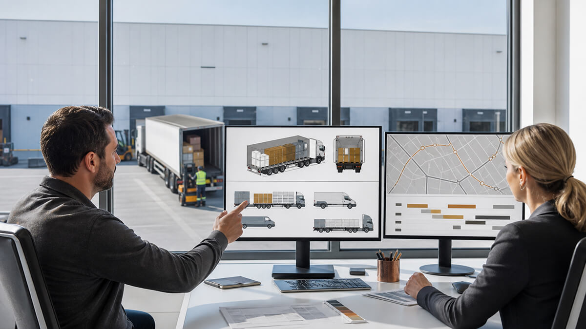 Two logistics coordinators review cargo capacity, vehicle options and a planned road freight route.