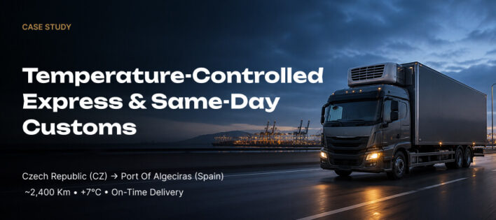 Refrigerated truck carrying a temperature-controlled express shipment to the Port of Algeciras, Spain.