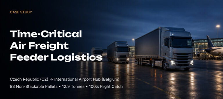 Four freight trucks arriving at an international airport cargo terminal in Belgium for a time-critical air freight shipment.