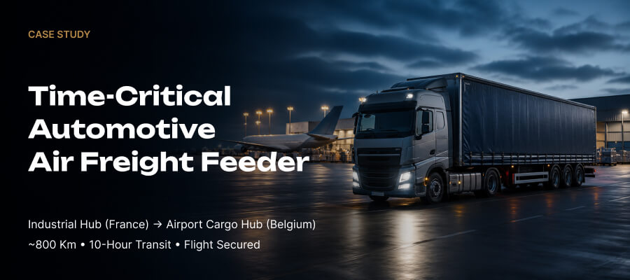 Curtain-side freight truck arriving at an airport cargo terminal for a time-critical automotive air freight shipment.