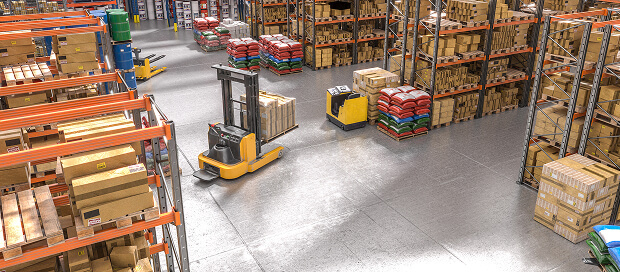 Warehouse with palletised goods, storage racks and forklift operations